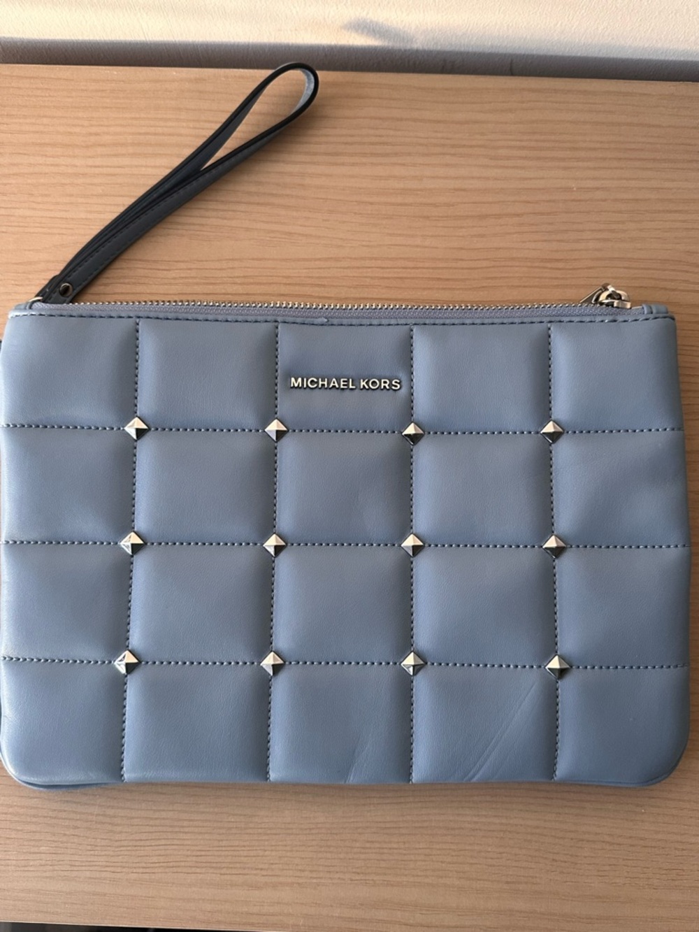 Michael Kors Light Blue Quilted Wristlet with Gold Studs